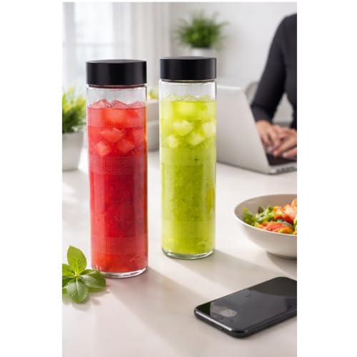 Image of Glassbunny 750ml Set Of 8 Glass Food Grade Airtight Water Bottle with Leak-Proof Black Lid - Water, Smoothie, Juicer and Beverage Glasses