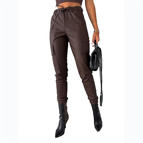 Suncolour Damen Jogginghose aus Kunstleder mit Kordelzug hohe Taille Enge Hose aus PU Leder mit hoher Taille für Weiblich