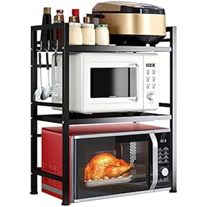 GOI Microwave Shelf Stand, 2Tier Expandable Microwave Oven Rack Storage Solution Organiser Stand Utensil Holder Adjustable Width & Height Kitchen Stand Counter Shelf with 3 Hooks (Black 2-Tier)