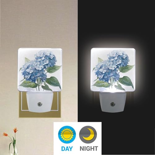 Image of Blue Hydrangeas Flower Night Lights 2 Pack Plug-in Wall Led Nightlight Auto Dusk-to-Dawn Sensor Lamps for Bedroom Kitchen Bathroom