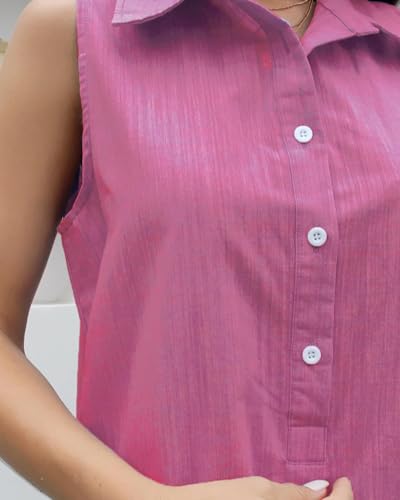 Image of Women Sleeveless Mini Dress Button Down Shirt Dress V Neck Reffle Hem Cotton Linen Tunic Short Dress