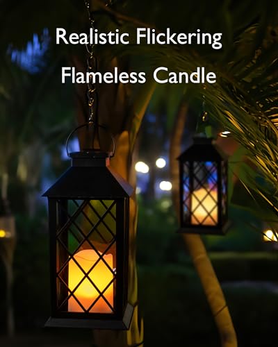 Homemory Solar Lanterns Outdoor Waterproof Hanging with Flickering Flameless Candles, 2 Pack 13'' Garden Outdoor Lantern Decorative for Patio Front Porch Backyard Balcony Cabin Outside Table(Black) - Image 3