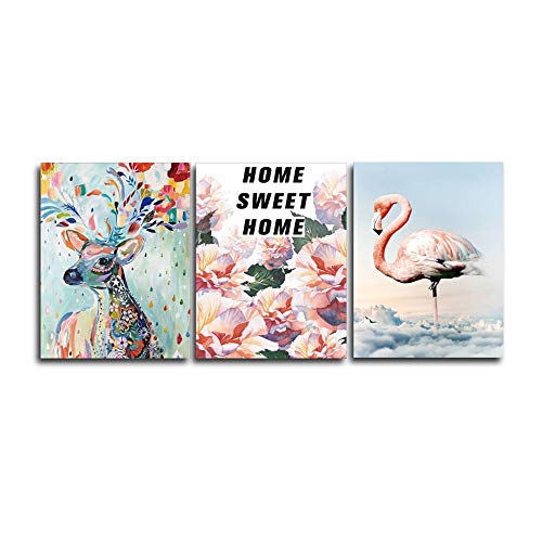 Peinture calligraphie 3 panneau avec motif flamant rose cerf - 2