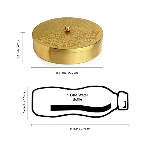 Exclusivelane 'Floral-Etched' Handcrafted Brass Spice Box With 7 Removable Containers & Spoon | Indian Spice Boxes For Kitchen, Brass Masala Dabba, Masala Daani, Namak Dani, Multipurpose Decorative Boxes #TOP6