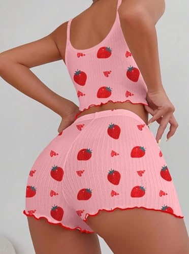 Image of Hilinker Womens Graphic Print Ribbed PJ Set Crop Cami Tops and Shorts Cute Pajamas Set