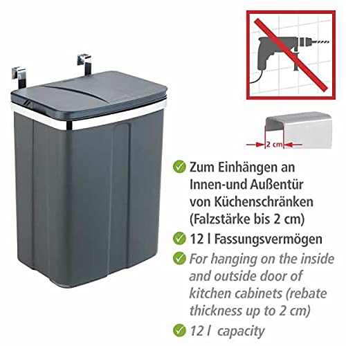 WENKO Tür-Abfalleimer, kompakter Mülleimer mit Deckel zum Einhängen an Küchenschrank oder -Schublade, geeignet für Badezimmer und Küche, aus Kunststoff/Stahl, Füllmenge 12 l, 26 x 34 x 17 cm, Grau