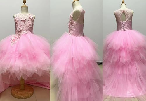 High Low Flower Girls Dresses Appliques Tulle Communion Party Princess Wedding Pageant Ball Gown Dress3