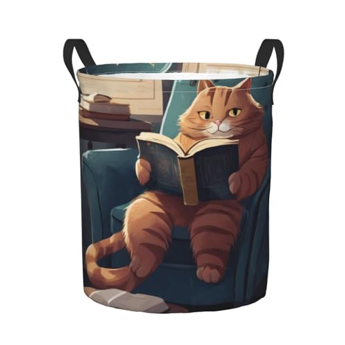 Delerain Funny Cat Laundry Basket, Waterproof Laundry Hamper with Handles, Collapsible Toy Bins Dirty Clothes Round Storage Basket for Home Bathroom Office Nursery, 16.5X13.8(S)