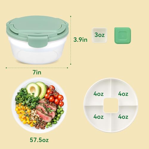 Image of Salad Container for Lunch, Bento Lunch Box 58-oz with 4 Compartments Tray and Ice Pack, Leak-Proof Salad Bowl with Lid for Adults, BPA-Free Lunch Box for Meal Prep & Food Storage(Green)