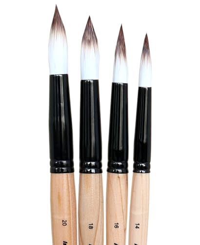 Image of Isomars Studium Mop Brush Set of 4 - Professional Synthetic Hair Round Paint Brushes for Watercolor, Gouache, Acrylic, Ink & Oil Painting - Natural Wooden Handle Art Brushes (Sizes 14, 16, 18, 20)