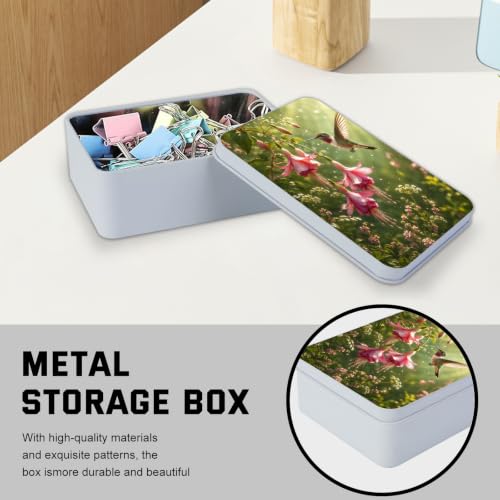 Image of Decorative Metal Tin Box with Lid,Hummingbird Flower Organizer
