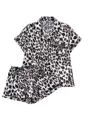 Image of SHENHE Women's 2 Piece Satin Pajama Set Leopard Short Sleeve Button Down Pj Shorts Set