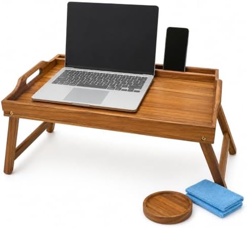 Acacia Wood Bed Tray Table with Foldable Legs, 20x13 in image 2