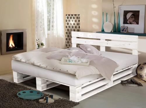 Base de Cama Matrimonial - Cama de 135x200, Canape/Somier/Estructura de cama con patas y laminas de madera de palets color blanco para colchones y cabeceros de 1.35 cm