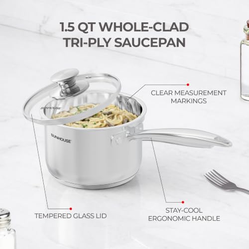 Image of Sunhouse: Stainless Steel Saucepan - Advanced: 1.5 Quart - Tempered Glass Lid, 18 /10, 3-Ply Bottom, Round-Edge Pot, All Cooktops, Oven-Dishwasher Safe