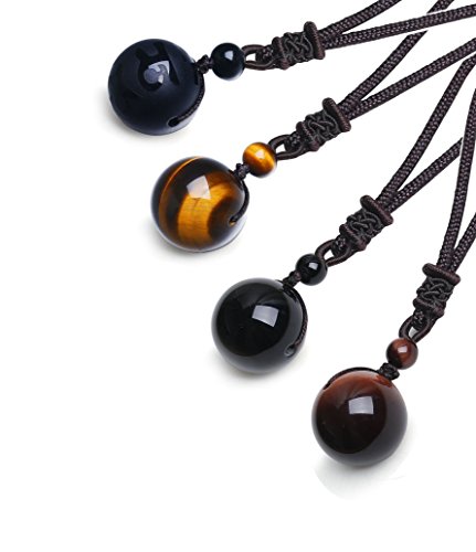 LOYALLOOK Unisex Natural Tiger Stone Onyx Stone Lucky Blessing Chakra Beads Pendant Adjustable Healing Necklace 4pcs