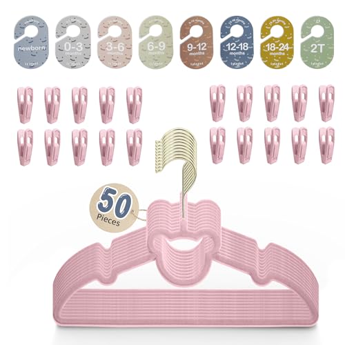 Image of Velvet Baby Hangers with Clips – Organize Baby Clothes by Age with Size Dividers – Save Closet Space for Newborn to Toddler Outfits – Perfect Nursery Must-Have (Petal)