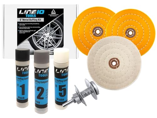 LINE10 Tools 6-Inch Buffing Polishing Wheel Kit for Bench Grinder and Drill, 3-Step Metal Buff Compound, Aluminum, Chrome, Stainless Steel Buffer Drill Adapter Auto Rim Trim Golf Club Restoration