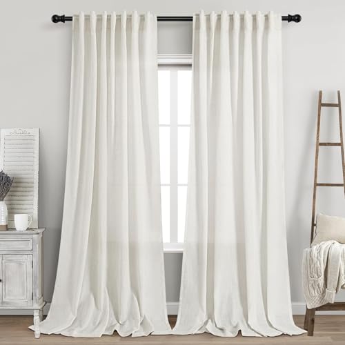 Image of Nanspring Extra Long 112 Inch Long Beige White Linen Curtains Back Tab Neutral Farmhouse Light Filtering Semi Transparent Large Windows Ceiling to Floor for Living Room 2 Pack