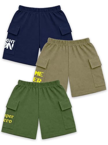 Image of Kuchipoo Boys Cotton Cargo Shorts | Elastic Waistband | Double Pocket Shorts | Summer Casual Wear for Kids- Pack of 3