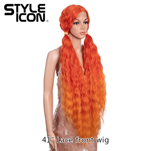Style Icon 41” Lace Front Wigs Long Wavy Synthetic Wigs With Baby Hair Half Hand Tied 130% Density Wigs (41", T-Red/Orange) #TOP7