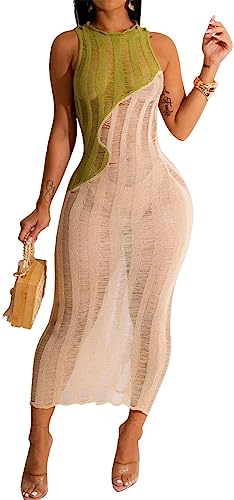 Recious Womens Sexy Sleeveless O Neck Knitted Colorblock Bodycon Party Clubwear Beach Cover Up Dress