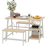 sogesfurniture 3-Piece Dining Room Table Set, Kitchen Table with Bench, Breakfast Table with Wine Ra