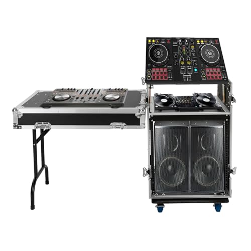 12U PA DJ Rack with 4 Wheels, Heavy-Duty Mobile Audio Equipment Cabinet with Side DJ Table Top...