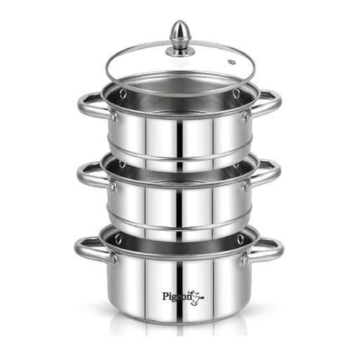 Image of Pigeon Elantra Stainless Steel 3 Tier Steamer Pot Set with Glass Lid | Pasta Steamer Momo /Modak Maker | Vegetable Steamer | Rice Steamer (22cm) | Capsulated Induction Bottom|ISI Certified