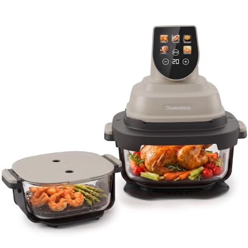 Image of Domestica Aerion Air Fryer | Pure Glass Visible Cooking | 4L + 1.5L Dual Bowl | 5 in 1 Airfry, Bake, Recrisp, Keep Warm | Dishwasher Safe | Soft Touch Button Controls | 1500W | 1 Yr Warranty