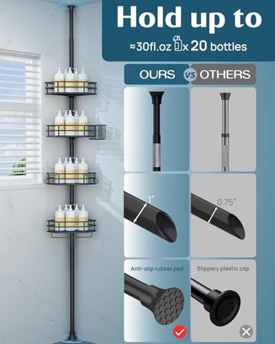 Image of SEIRIONE Corner Shower Caddy Tension Pole, Quick Setup, Rust-Free Bathroom Shower Organizer Corner for Bathtub Shampoo Storage, 4-Tier Adjustable Shelf, Drill Free, Fits 34 to 116 Inch Height, Black