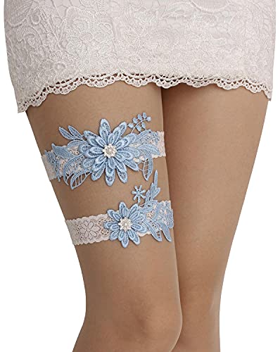 Gargala Wedding Garters For Bride Bridal Lace Garter Set With Rhainstone And Pearl (Sky Blue) #TOP2