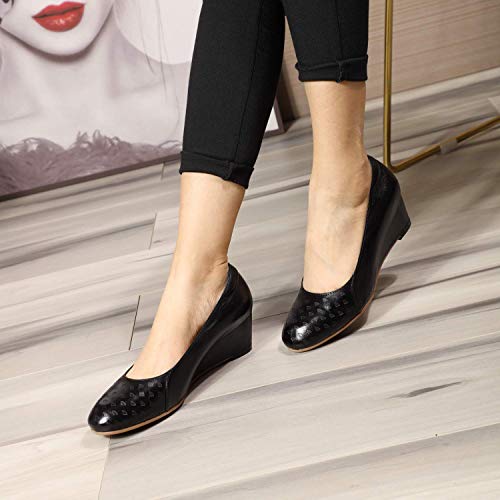 Image of Mona flying Women's Leather Closed Toe Mid Heel Wedges Comfy Dress Pumps