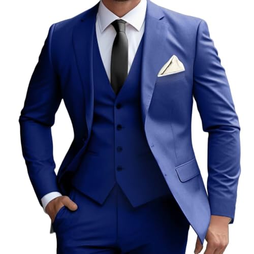 Men's 3 Piece Suit Slim Fit Men Tuxedo Suit for Party Wedding Prom Business 2 Button Solid Blazer Jacket Vest Pants Set, Royal Blue, 3XL