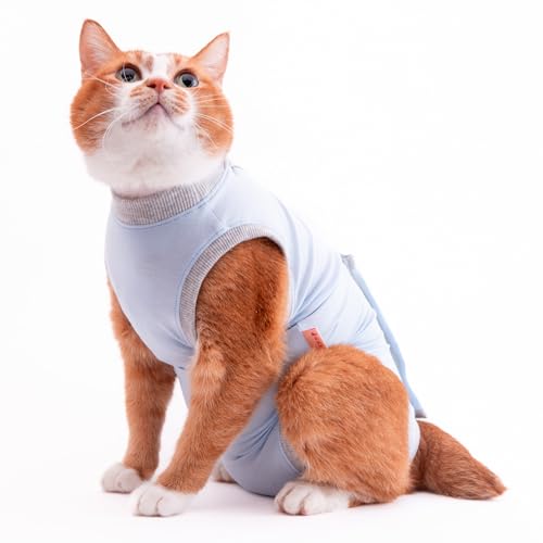 ぽぽねこ 猫に優しい猫服 術後服(ロンパース) (ブルー, M)