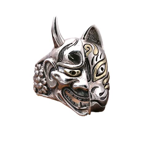 925 Sterling Silver Hannya Mask Ring for Men Retro Vintage Big Mens Biker Hannya Ring, Oni half mask ring, Noh Prajna Japanese Demon Devil Half Face Ring Skull Hannya Mask Ring Sterling Silver, Buddhism Jewelry (10)
