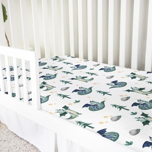 Image of Cartoon Fairy Tale Dragon Trees Stars Baby Crib Sheets 52''x28'' Watercolor Dragons Stretchy Fitted Crib Mattress Cover for Boy Girl Soft Bed Sheet for Standard Crib and Toddler Mattress