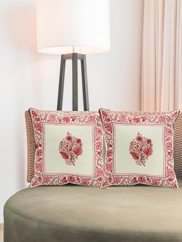 Image of Roze Hand Block Printed Cushion Cover Set | Cushions Cover for Home & Office | 100% Cotton Fabric | Size - 16 x 16 Inches | Pack of 2 Cushion Covers | Color - White