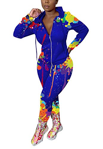 Women Sweatshirt and Pants Set Long Sleeve Drawstring Zip Up Hoodie Jacket Bodycon Long Pants 2 Piece Jumpsuit Activewear Yoga Jogging Workout Gymwear Sport Joggers Tracksuit Outfits Blue, Small