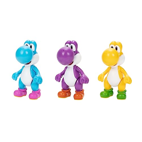 Image of Nintendo Yoshi 3-Pack Action Figures, 4 Inch / 10cm Authentic Super Mario Figures Includes Yellow Yoshi, Purple Yoshi and Light-Blue Yoshi, Ideal for Ages 3+