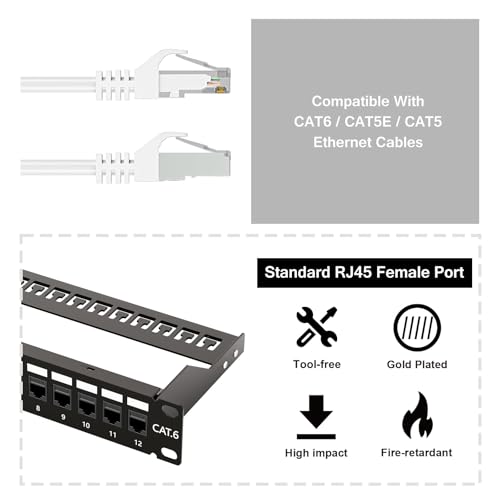Image of iwillink 10Gbps Patch Panel 12 Port, 10-Inch Through Coupler RJ45 Cat6 Patch Panel with Back Bar, Wallmount or Rackmount, Compatible with Cat5, Cat5e, Cat6 Cabling