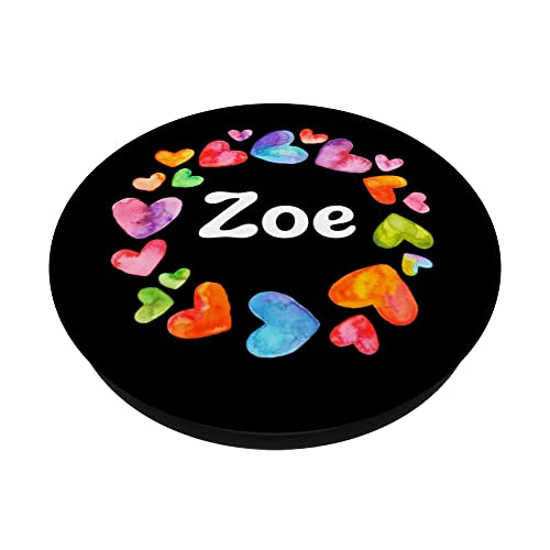 Zoe Name Personalized Rainbow Hearts Valentine's Day Cute PopSockets Swappable PopGrip, Black - Image 2