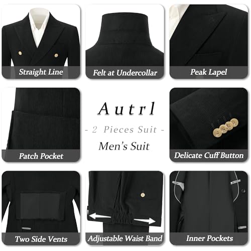 Mens Slim Fit Suit 2 Piece Corduroy Suits Double Breasted Suit Blazer Jacket Pants Set Formal Wedding Prom Tuxedos3
