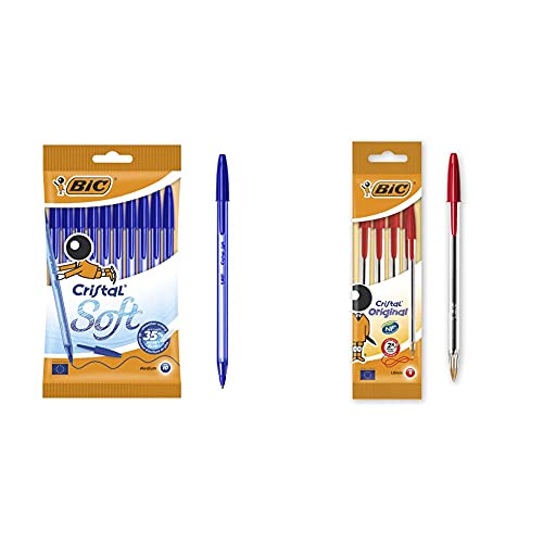 BIC Cristal Original - Bolígrafo de punta redonda, color rojo, pack de 4 unidades + Soft Bolígrafos Punta Media (1,2 mm) con escritrua suave - Azul, Blíster de 10 Unidades