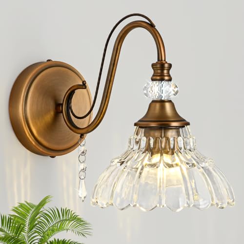 Image of 1 Piece Vintage Wall Sconce, 1-Light Matte Antique Brass Finish Wall Sconce with Hanging Crystal Accents and Flower-Shaped Clear Shades for Bathroom Bedroom Living Room,Vintage Vanity Light