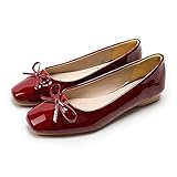 JiangWei Shu Women's Bow Knot Square Toe Ballet Flats Slip On Walking Wedding Soft Shoes, Red Wine PU US 9
