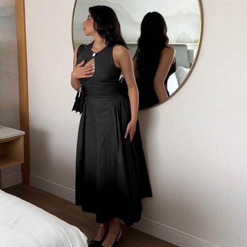 Image of Women's Side Pleated Sleeveless Medium Length Linen Single Button Tight Corset Hollowed Out MIDI Dress