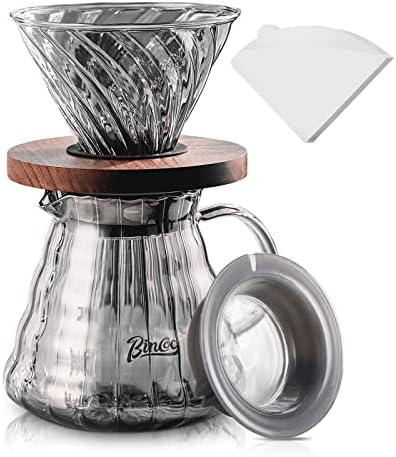 Bincoo Pour Over Coffee Maker Set with Dripper Size 02,600ml Glass Coffee Server Set,V60 Glass Coffee Dripper with Wood Stand&Filter Paper for Home Office Gift(Grey)