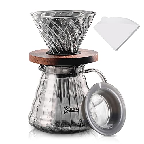 Bincoo Pour Over Coffee Maker Set With Dripper Size 02,600Ml Glass Coffee Server Set,V60 Glass Coffee Dripper With Wood Stand&Filter Paper For Home Office Gift(Grey) #TOP1