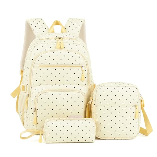 PALAY® School Bag for Girls Yellow Polka Dot Backpack with Crossbody Bag & Pencil Pouch Large Oxford Cloth Daypack Set Waterproof Multi-compartments Bookbag for Primary, Elementary, Middle School